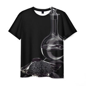 Мужская футболка 3D с принтом Водка и черная икра в Курске, 100% полиэфир | прямой крой, круглый вырез горловины, длина до линии бедер | графин | еда | жидкость | закуска | темный | черный