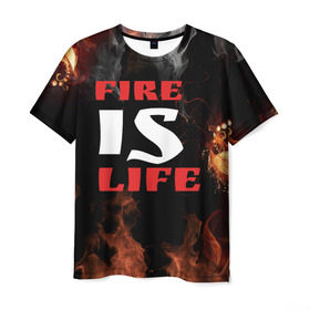 Мужская футболка 3D с принтом Fire is life (Огонь это жизнь) в Курске, 100% полиэфир | прямой крой, круглый вырез горловины, длина до линии бедер | Тематика изображения на принте: fire | is | life | алфавит | английский | большие | буквы | горит | жар | клевая | надпись | огонь | огонь это жизнь | пламя | пожар | полымя | прикольная | пыл | свет | слово | цитата