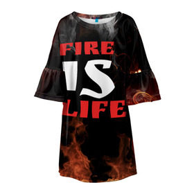 Детское платье 3D с принтом Fire is life (Огонь это жизнь) в Курске, 100% полиэстер | прямой силуэт, чуть расширенный к низу. Круглая горловина, на рукавах — воланы | fire | is | life | алфавит | английский | большие | буквы | горит | жар | клевая | надпись | огонь | огонь это жизнь | пламя | пожар | полымя | прикольная | пыл | свет | слово | цитата