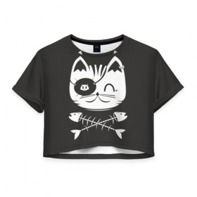 Женская футболка 3D укороченная с принтом Кот пират в Курске, 100% полиэстер | круглая горловина, длина футболки до линии талии, рукава с отворотами | кот | пират | рыба | скелет