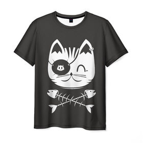 Мужская футболка 3D с принтом Кот пират в Курске, 100% полиэфир | прямой крой, круглый вырез горловины, длина до линии бедер | Тематика изображения на принте: кот | пират | рыба | скелет