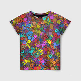 Детская футболка 3D с принтом Разноцветные отпечатки рук в Курске, 100% гипоаллергенный полиэфир | прямой крой, круглый вырез горловины, длина до линии бедер, чуть спущенное плечо, ткань немного тянется | клякса | краски | ладонь | пятна | рука | холи | цвет | цветные