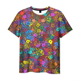 Мужская футболка 3D с принтом Разноцветные отпечатки рук в Курске, 100% полиэфир | прямой крой, круглый вырез горловины, длина до линии бедер | Тематика изображения на принте: клякса | краски | ладонь | пятна | рука | холи | цвет | цветные