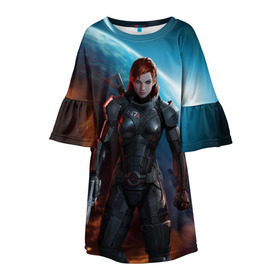 Детское платье 3D с принтом Mass Effect в Курске, 100% полиэстер | прямой силуэт, чуть расширенный к низу. Круглая горловина, на рукавах — воланы | Тематика изображения на принте: n7 | shepard | галактика | жнец | космос | масс | нормандия | планета | шепард | эффект