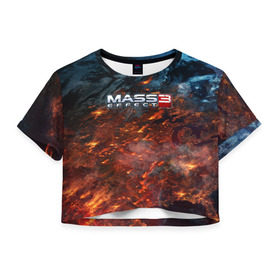 Женская футболка 3D укороченная с принтом Mass Effect в Курске, 100% полиэстер | круглая горловина, длина футболки до линии талии, рукава с отворотами | n7 | shepard | галактика | жнец | космос | масс | нормандия | планета | шепард | эффект