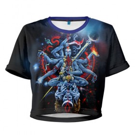 Женская футболка 3D укороченная с принтом Cult of Fire в Курске, 100% полиэстер | круглая горловина, длина футболки до линии талии, рукава с отворотами | black metal | демон | череп