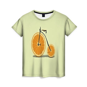 Женская футболка 3D с принтом Апельсиновый велосипед в Курске, 100% полиэфир ( синтетическое хлопкоподобное полотно) | прямой крой, круглый вырез горловины, длина до линии бедер | Тематика изображения на принте: 