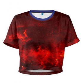 Женская футболка 3D укороченная с принтом Космический в Курске, 100% полиэстер | круглая горловина, длина футболки до линии талии, рукава с отворотами | звезды | красный | туманность