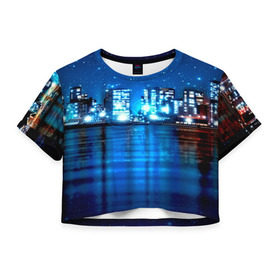 Женская футболка 3D укороченная с принтом Panoramic Urban в Курске, 100% полиэстер | круглая горловина, длина футболки до линии талии, рукава с отворотами | Тематика изображения на принте: высотки | город | здания | ночь | страны | сша