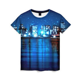 Женская футболка 3D с принтом Panoramic Urban в Курске, 100% полиэфир ( синтетическое хлопкоподобное полотно) | прямой крой, круглый вырез горловины, длина до линии бедер | высотки | город | здания | ночь | страны | сша
