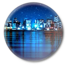 Значок с принтом Panoramic Urban в Курске,  металл | круглая форма, металлическая застежка в виде булавки | высотки | город | здания | ночь | страны | сша