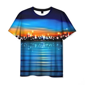 Мужская футболка 3D с принтом Вечерний город в Курске, 100% полиэфир | прямой крой, круглый вырез горловины, длина до линии бедер | Тематика изображения на принте: закат | пейзаж | яркий