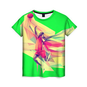 Женская футболка 3D с принтом Баскетбол в Курске, 100% полиэфир ( синтетическое хлопкоподобное полотно) | прямой крой, круглый вырез горловины, длина до линии бедер | баскетболист | бросок | мяч | прыжок