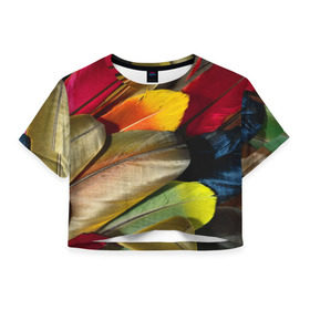 Женская футболка 3D укороченная с принтом Перья в Курске, 100% полиэстер | круглая горловина, длина футболки до линии талии, рукава с отворотами | Тематика изображения на принте: перо | попугай | птица | радуга | радужный