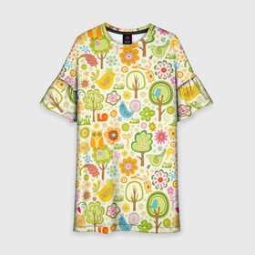 Детское платье 3D с принтом Райские кущи в Курске, 100% полиэстер | прямой силуэт, чуть расширенный к низу. Круглая горловина, на рукавах — воланы | Тематика изображения на принте: деревья | природа | птицы | сад | сова | цветы