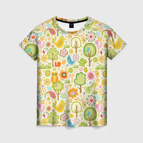 Женская футболка 3D с принтом Райские кущи в Курске, 100% полиэфир ( синтетическое хлопкоподобное полотно) | прямой крой, круглый вырез горловины, длина до линии бедер | деревья | природа | птицы | сад | сова | цветы