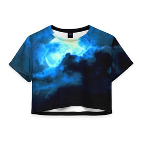 Женская футболка 3D укороченная с принтом Полнолуние в Курске, 100% полиэстер | круглая горловина, длина футболки до линии талии, рукава с отворотами | луна | небо | ночь | тучи