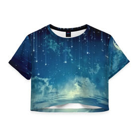 Женская футболка 3D укороченная с принтом Падение звёзд в Курске, 100% полиэстер | круглая горловина, длина футболки до линии талии, рукава с отворотами | звездопад | месяц | ночь | пейзаж