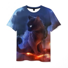 Мужская футболка 3D с принтом Night cat в Курске, 100% полиэфир | прямой крой, круглый вырез горловины, длина до линии бедер | киска | кот | котёнок | кошка | небо | ночь | облака | огонь