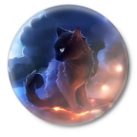 Значок с принтом Night cat в Курске,  металл | круглая форма, металлическая застежка в виде булавки | Тематика изображения на принте: киска | кот | котёнок | кошка | небо | ночь | облака | огонь