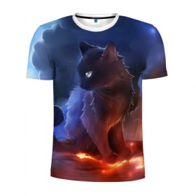 Мужская футболка 3D спортивная с принтом Night cat в Курске, 100% полиэстер с улучшенными характеристиками | приталенный силуэт, круглая горловина, широкие плечи, сужается к линии бедра | Тематика изображения на принте: киска | кот | котёнок | кошка | небо | ночь | облака | огонь
