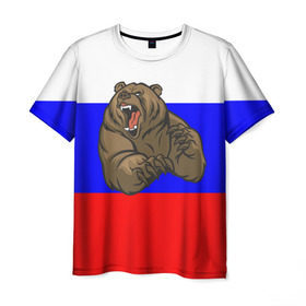 Мужская футболка 3D с принтом Медведь в Курске, 100% полиэфир | прямой крой, круглый вырез горловины, длина до линии бедер | медведь | триколор | я русский