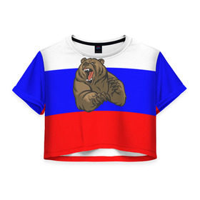 Женская футболка 3D укороченная с принтом Медведь в Курске, 100% полиэстер | круглая горловина, длина футболки до линии талии, рукава с отворотами | медведь | триколор | я русский