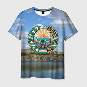 Мужская футболка 3D с принтом Узбекистан в Курске, 100% полиэфир | прямой крой, круглый вырез горловины, длина до линии бедер | Тематика изображения на принте: герб | гора | горы | озеро | природа | республика | узбекская сср
