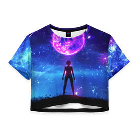 Женская футболка 3D укороченная с принтом Космос в Курске, 100% полиэстер | круглая горловина, длина футболки до линии талии, рукава с отворотами | art | space | арт | звёзды | небо | ночь | планета | силуэт | фэнтези | человек