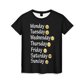 Женская футболка 3D с принтом футболка настроение дни недели в Курске, 100% полиэфир ( синтетическое хлопкоподобное полотно) | прямой крой, круглый вырез горловины, длина до линии бедер | дни недели | настроение | позитив | смайлики
