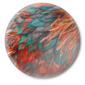 Значок с принтом Камуфляж перья в Курске,  металл | круглая форма, металлическая застежка в виде булавки | Тематика изображения на принте: зеленые | красные | перья | птица