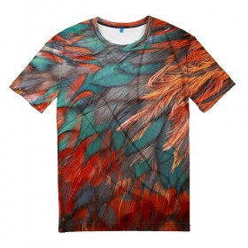Мужская футболка 3D с принтом Камуфляж перья в Курске, 100% полиэфир | прямой крой, круглый вырез горловины, длина до линии бедер | Тематика изображения на принте: зеленые | красные | перья | птица