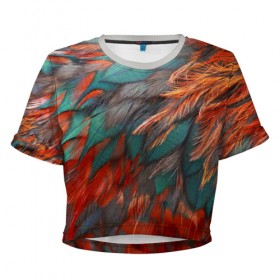 Женская футболка 3D укороченная с принтом Камуфляж перья в Курске, 100% полиэстер | круглая горловина, длина футболки до линии талии, рукава с отворотами | зеленые | красные | перья | птица