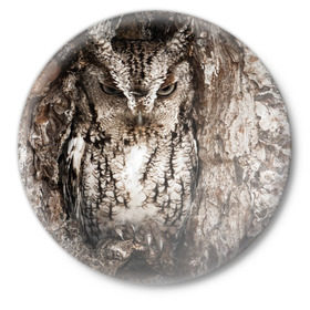 Значок с принтом Камуфляж сова в Курске,  металл | круглая форма, металлическая застежка в виде булавки | дерево | пернатая | птица | филин