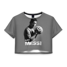 Женская футболка 3D укороченная с принтом Leo Messi в Курске, 100% полиэстер | круглая горловина, длина футболки до линии талии, рукава с отворотами | barcelona | spanish | аргентина | барселона | испания | лео | месси | мяч | футбол | футболист