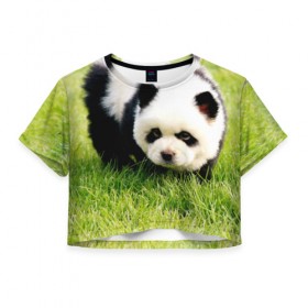 Женская футболка 3D укороченная с принтом Пес панда в Курске, 100% полиэстер | круглая горловина, длина футболки до линии талии, рукава с отворотами | 