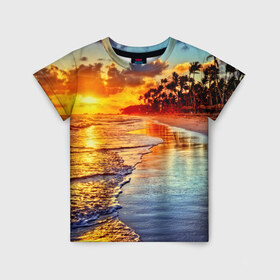 Детская футболка 3D с принтом Гавайи в Курске, 100% гипоаллергенный полиэфир | прямой крой, круглый вырез горловины, длина до линии бедер, чуть спущенное плечо, ткань немного тянется | hawaii | гавайи | газон | горизонт | море | небо | облака | пальмы | побережье | скалы | солнце | сша | тропики