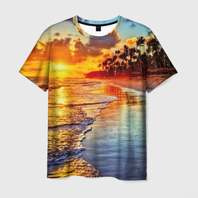 Мужская футболка 3D с принтом Гавайи в Курске, 100% полиэфир | прямой крой, круглый вырез горловины, длина до линии бедер | hawaii | гавайи | газон | горизонт | море | небо | облака | пальмы | побережье | скалы | солнце | сша | тропики