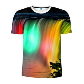 Мужская футболка 3D спортивная с принтом Цветной водопад в Курске, 100% полиэстер с улучшенными характеристиками | приталенный силуэт, круглая горловина, широкие плечи, сужается к линии бедра | niagara | ниагара | подсветка | яркий