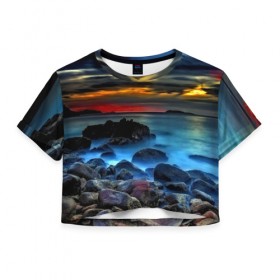 Женская футболка 3D укороченная с принтом Скалистый берег в Курске, 100% полиэстер | круглая горловина, длина футболки до линии талии, рукава с отворотами | закат | море | небо | пейзаж | пестрый