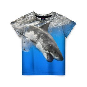 Детская футболка 3D с принтом Акула в Курске, 100% гипоаллергенный полиэфир | прямой крой, круглый вырез горловины, длина до линии бедер, чуть спущенное плечо, ткань немного тянется | shark | море | синий | челюсти