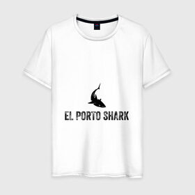 Мужская футболка хлопок с принтом El Porto Shark (в порту акулы) в Курске, 100% хлопок | прямой крой, круглый вырез горловины, длина до линии бедер, слегка спущенное плечо. | акула | глубина | жабры | злость | зубы | клыки | море | надпись на испанском языке | океан | опасность | плавник | подводный мир | рыба | ужас | хищник | челюсти | челюсть