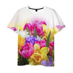 Мужская футболка 3D с принтом Нежность в Курске, 100% полиэфир | прямой крой, круглый вырез горловины, длина до линии бедер | Тематика изображения на принте: желтый | красный | любовь | новинки | подарок | розы | сердце | текстура | тюльпаны | цветы