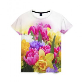 Женская футболка 3D с принтом Нежность в Курске, 100% полиэфир ( синтетическое хлопкоподобное полотно) | прямой крой, круглый вырез горловины, длина до линии бедер | желтый | красный | любовь | новинки | подарок | розы | сердце | текстура | тюльпаны | цветы