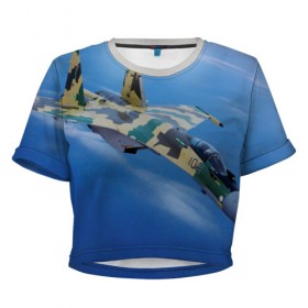 Женская футболка 3D укороченная с принтом Су 35 в Курске, 100% полиэстер | круглая горловина, длина футболки до линии талии, рукава с отворотами | самолет