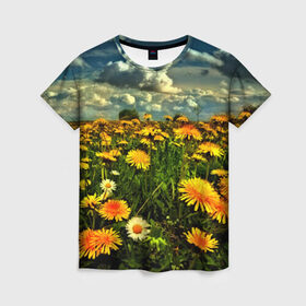 Женская футболка 3D с принтом Одуванчики в Курске, 100% полиэфир ( синтетическое хлопкоподобное полотно) | прямой крой, круглый вырез горловины, длина до линии бедер | пейзаж | поле | цветы