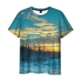 Мужская футболка 3D с принтом Winter sunset в Курске, 100% полиэфир | прямой крой, круглый вырез горловины, длина до линии бедер | закат | лес зима | пейзаж