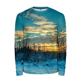 Мужской лонгслив 3D с принтом Winter sunset в Курске, 100% полиэстер | длинные рукава, круглый вырез горловины, полуприлегающий силуэт | закат | лес зима | пейзаж