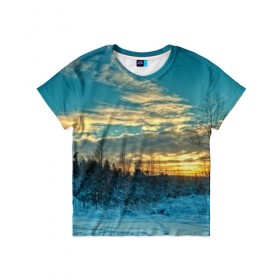 Детская футболка 3D с принтом Winter sunset в Курске, 100% гипоаллергенный полиэфир | прямой крой, круглый вырез горловины, длина до линии бедер, чуть спущенное плечо, ткань немного тянется | закат | лес зима | пейзаж