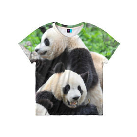 Детская футболка 3D с принтом Панды в Курске, 100% гипоаллергенный полиэфир | прямой крой, круглый вырез горловины, длина до линии бедер, чуть спущенное плечо, ткань немного тянется | Тематика изображения на принте: бамбук | животное | медведь